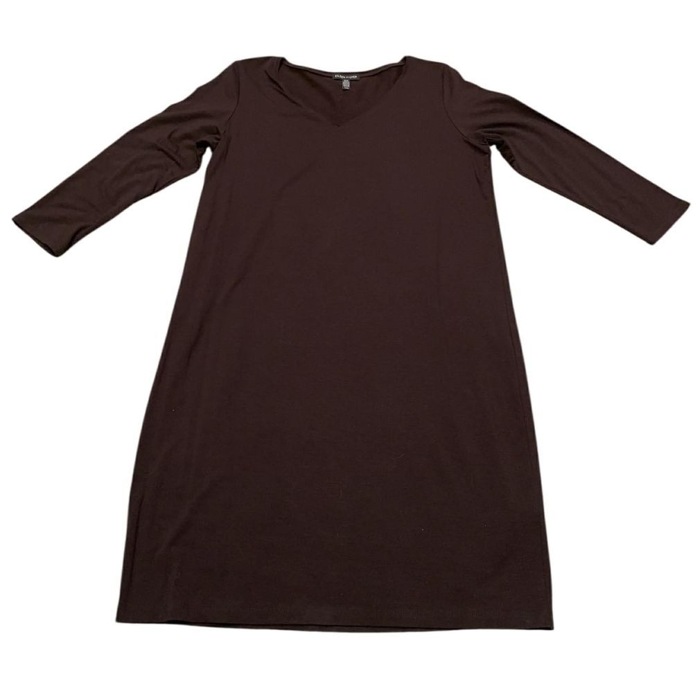 ​Eileen Fisher Brown Viscose Jersey‎ V-Neck Shift Dress Medium M Minimalist Knit